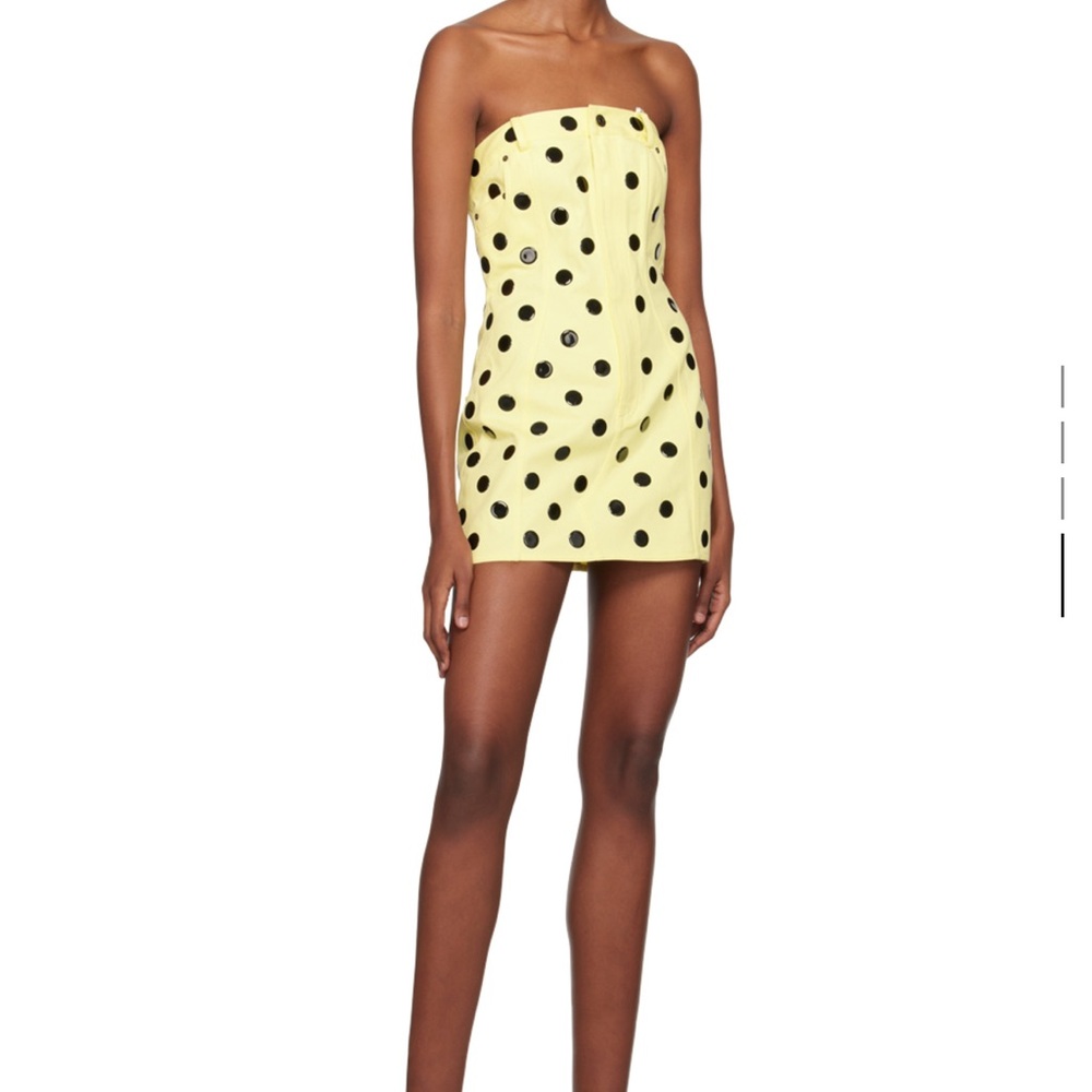 AREA Yellow Strapless Mini Dress with Black Polka Dots